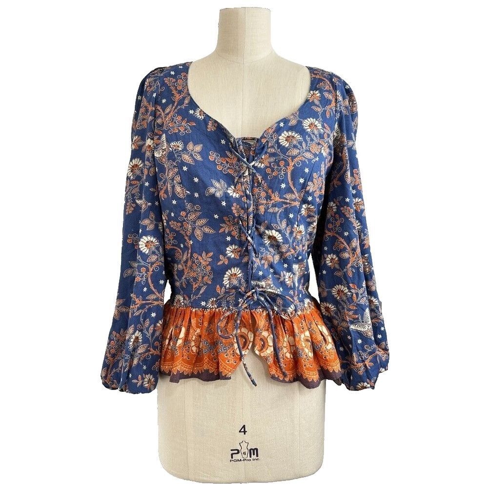 House‎ Of Harlow 1960 Top M Floral Lace Up Puff Sleeve Peplum Blouse Boho
